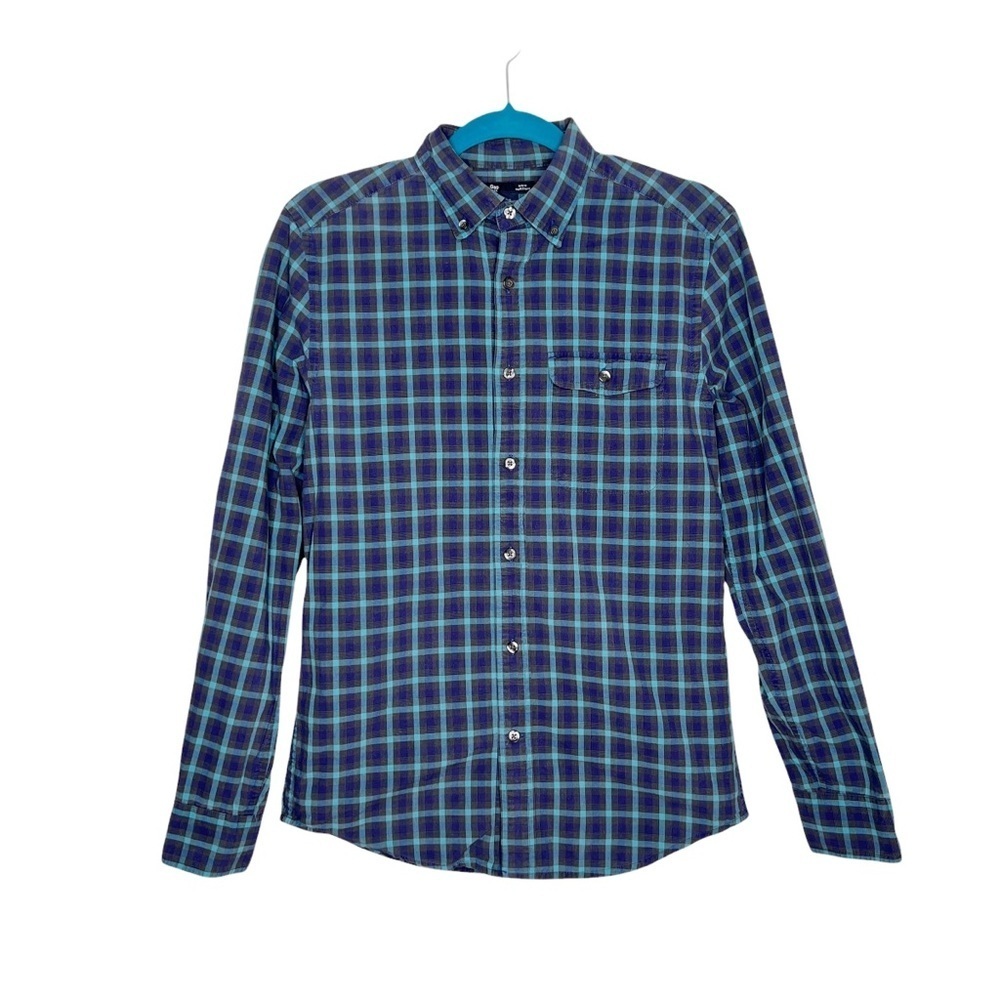 GAP Factory Navy Blue & Teal Plaid Slim Fit Button Down Shirt